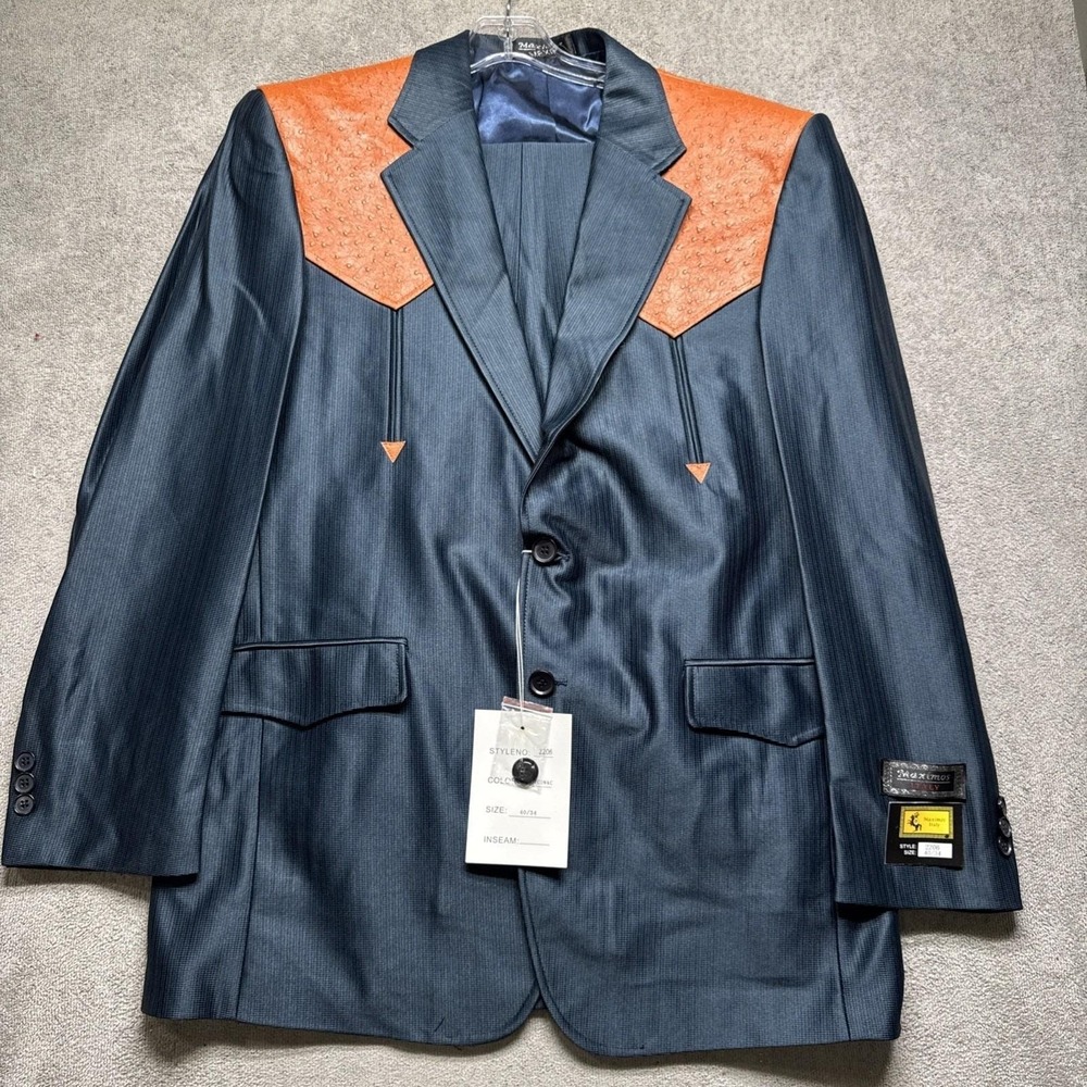 Vintage 70s Western Suit Mens 40 34 Blue Cowboy Rockabilly NWT Jacket Pants